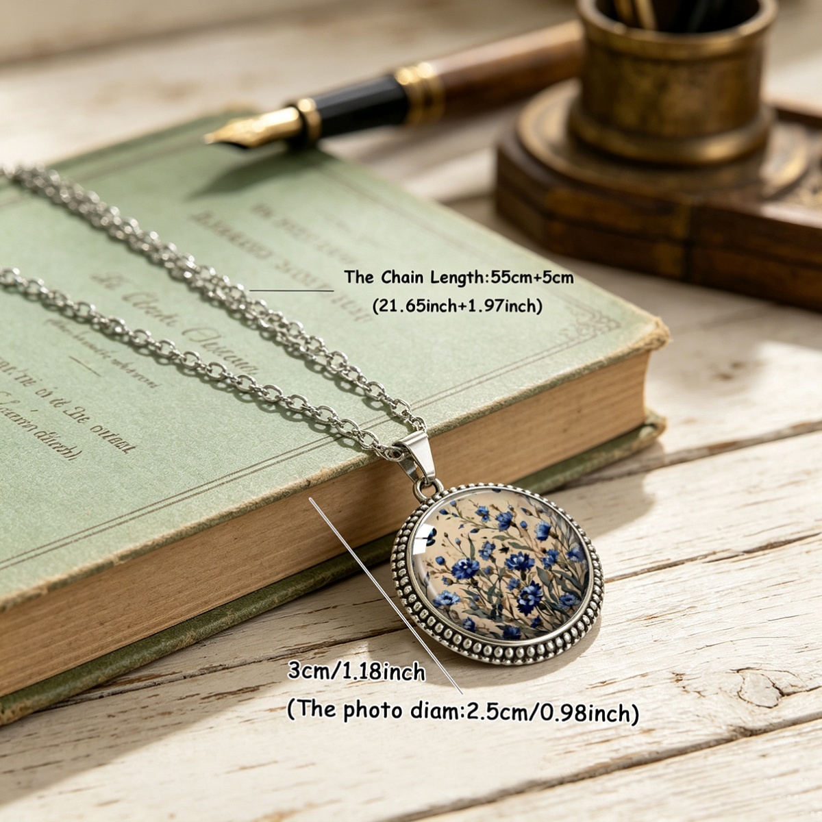 Forest Style Blue Floral Branch Leaf Printed Round Pendant Necklace